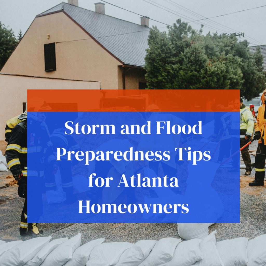 “Atlanta homeowner preparing for storm and flood risks with emergency supplies and home protection measures.”