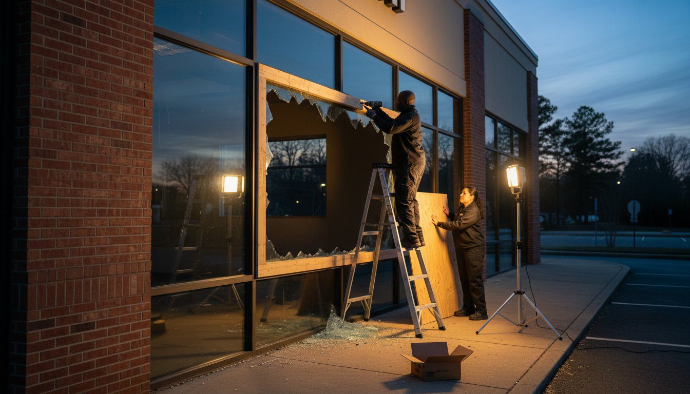 Emergency board-up crew securing a storm-damaged window in Metro Atlanta