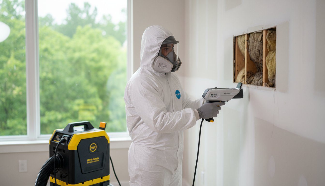 IICRC-certified technician performing mold remediation containment in a Metro Atlanta home