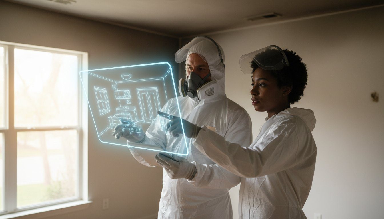 Smoke & Soot Damage Cleanup Metro Atlanta | Odor Removal 1 Smoke and soot cleanup crew treating residue in a Metro Atlanta home
