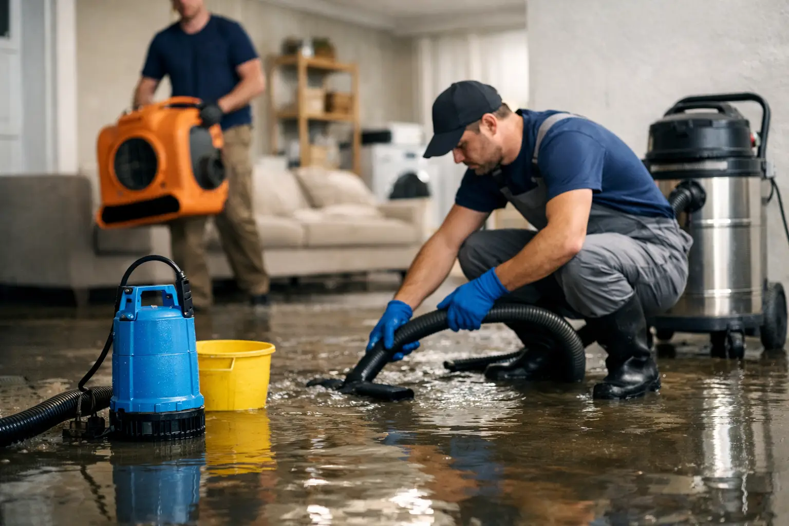 Emergency crew pumping out a flooded basement in a Metro Atlanta home