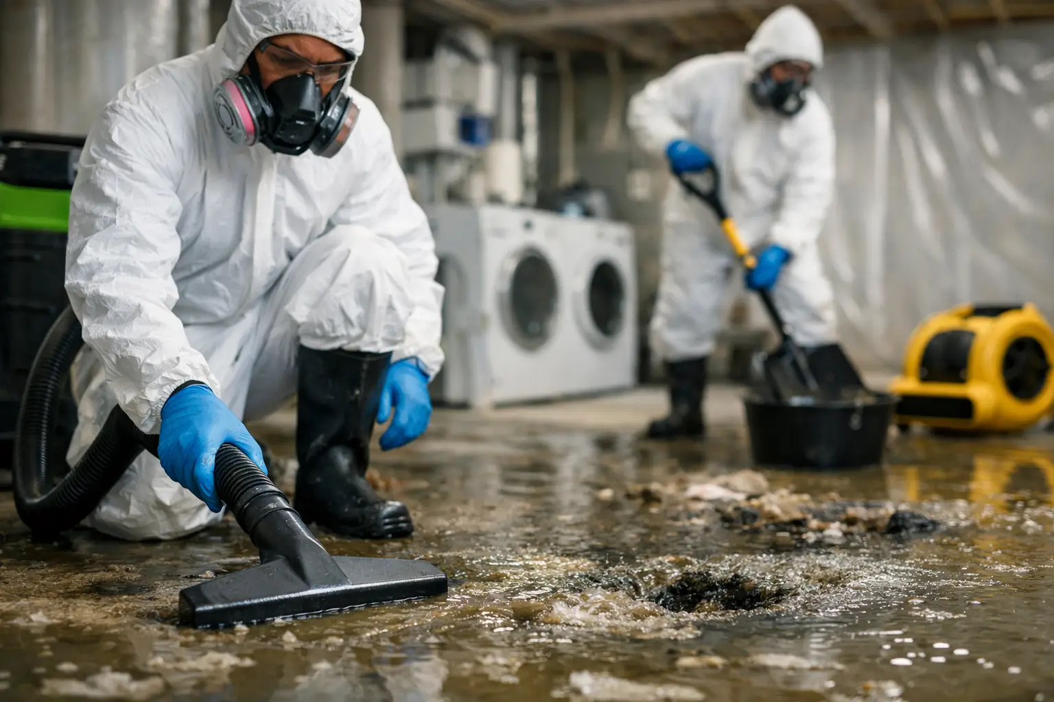 Sewage cleanup technician containing and extracting Category 3 black water in a Metro Atlanta home