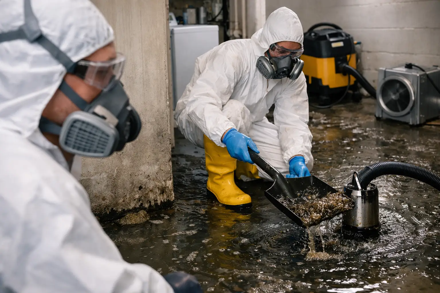 Sewage Remediation Services Metro Atlanta | IICRC Decon 1 Certified sewage remediation technician in full PPE in a Metro Atlanta home