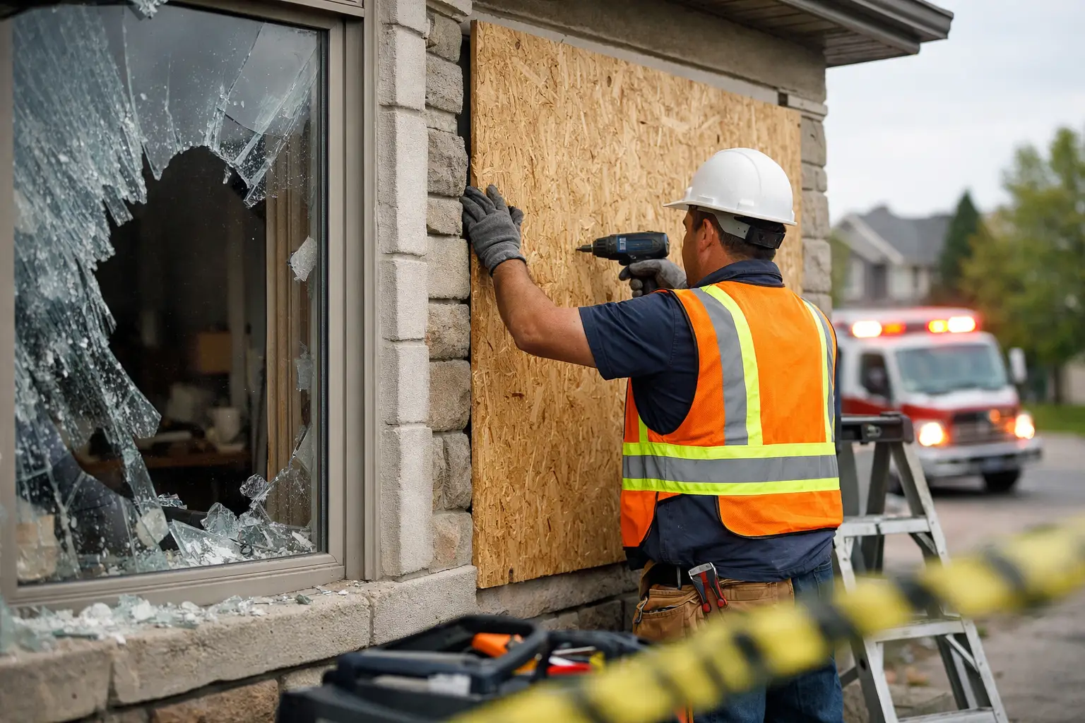 Emergency board-up over a storm-damaged window in Metro Atlanta