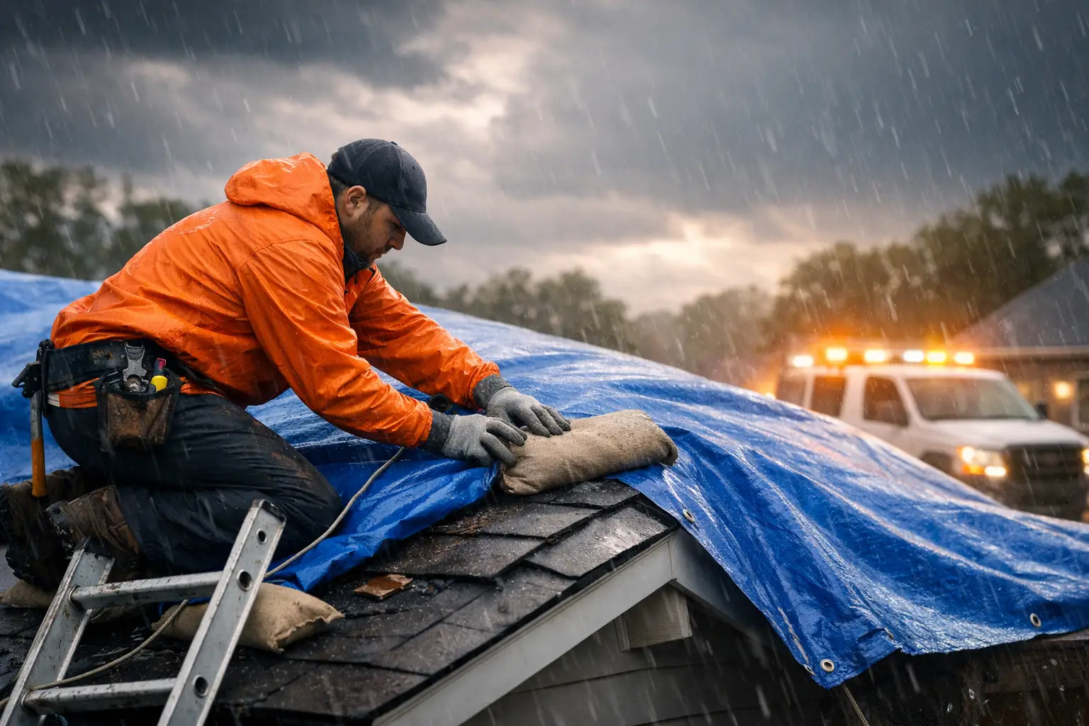 Emergency roof tarping crew at work on a Metro Atlanta property