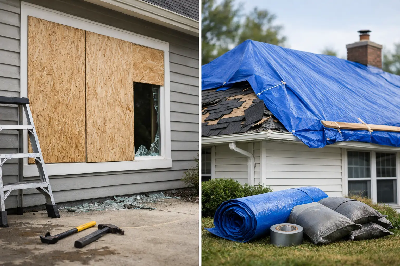 Board-up and roof tarping comparison for a storm-damaged Metro Atlanta property