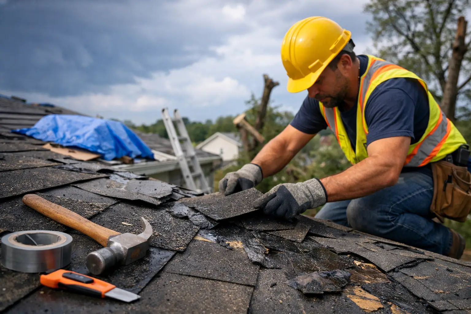 Roofing and structural reconstruction crew working on a Metro Atlanta home