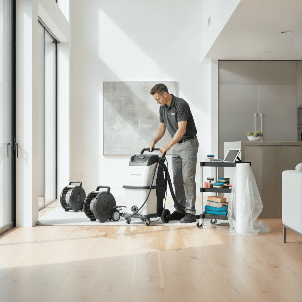 What does a construction cleanup service do after water damage?